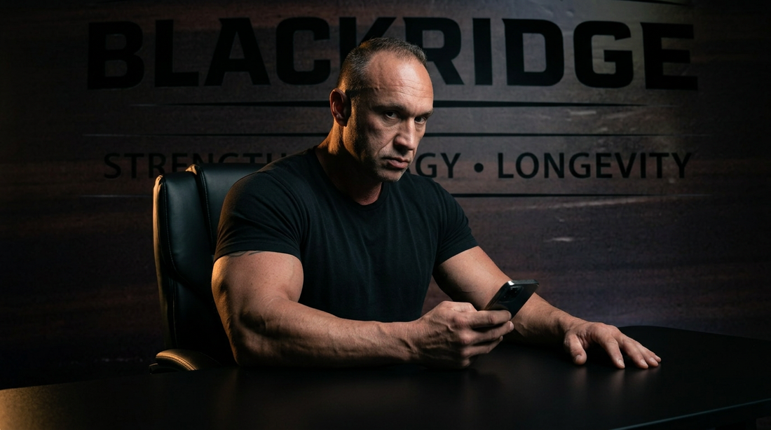Man looking skeptically at his phone in a dark, moody office