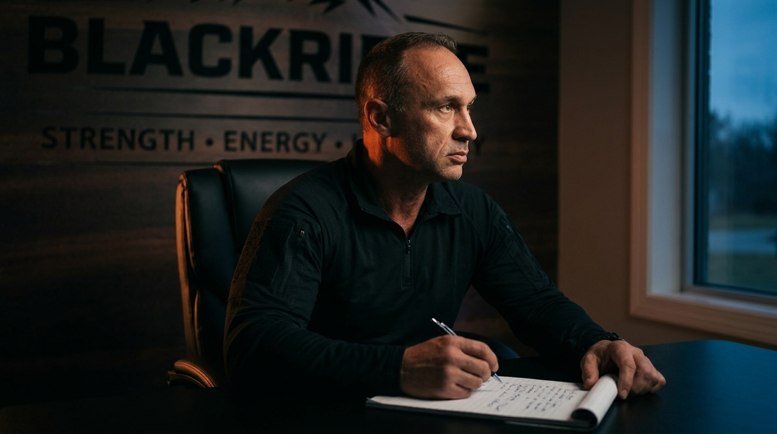 A man in his 50s sitting quietly on a gym bench, hands resting on his knees, morning light through a window, calm and reflective mood