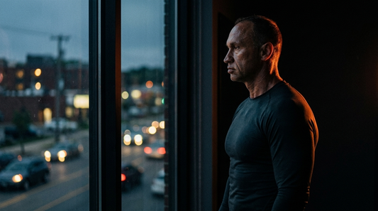A middle aged man sitting quietly at a kitchen table in soft morning light, looking thoughtfully at a glass of water next to an empty supplement bottle.