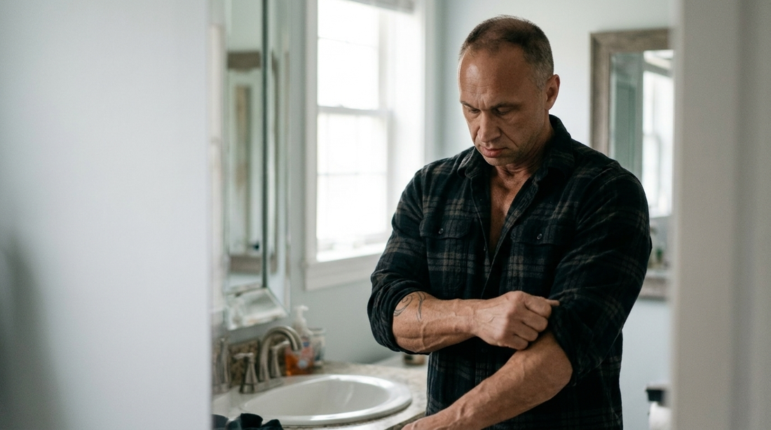 A man in his 40s sitting quietly on the edge of his bed at sunrise, hands resting on his knees, looking out a window in calm reflection